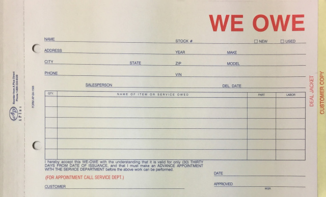 AP-SA-1506-UO-IMP • Imprinted We Owe Forms • Quantity 500