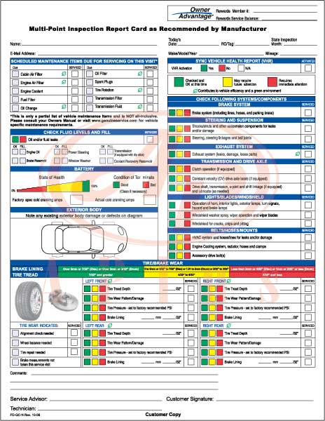 Ford multi-point inspection report card