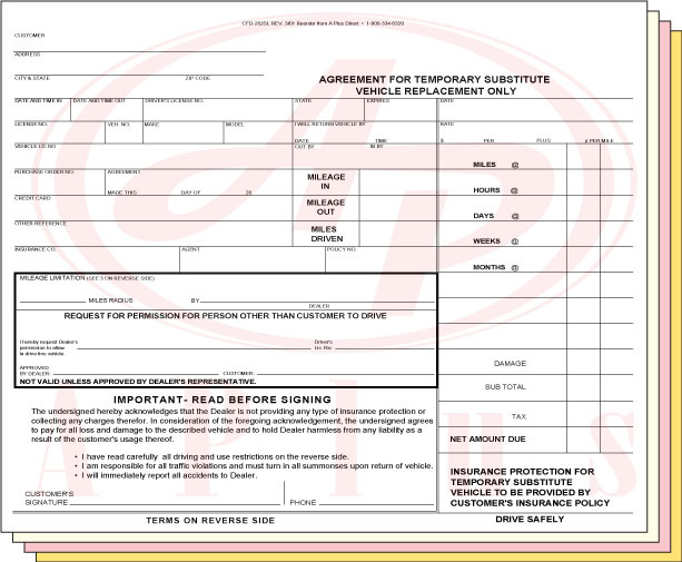 CFD-252SL • 4 Part NCR Rental Agreement • Quantity 100